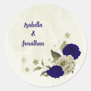 Royal blauw beige bloemenbruiloft ronde sticker