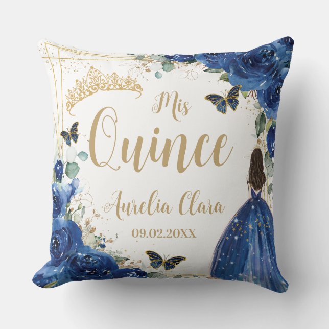 Royal Blauw Bloemen Prinses Goud Quinceañera Kussen (Voorkant)