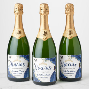 Royal Blauw Bloemen Prinses Jurk Goud Quinceañera Sparkling Wijnetiket