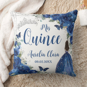 Royal Blauw Bloemen Prinses Zilver Quinceañera Kussen
