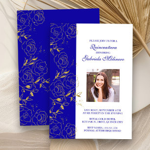 Royal Blauw en Goud Quinceanera Elegante Foto Kaart