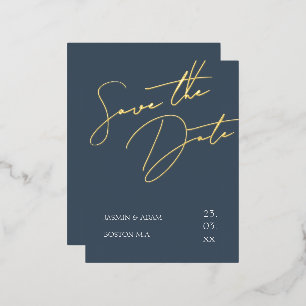 Royal Blauw en Goud Script Bruiloft Save the Date Folie Uitnodiging Briefkaart