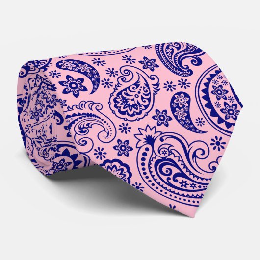 Royal blauw en pastel roze paisley patroon stropdas (Opgerold)