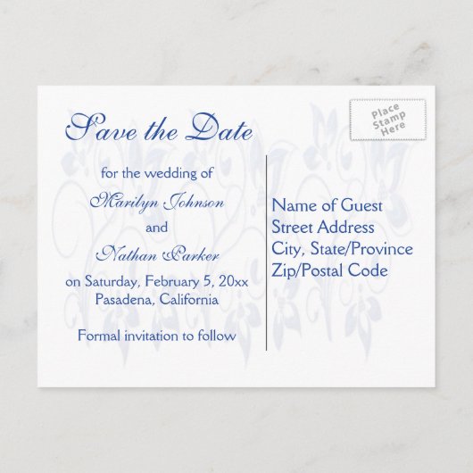 Royal Blauw en Wit Save the Date Kaart (Achterkant)