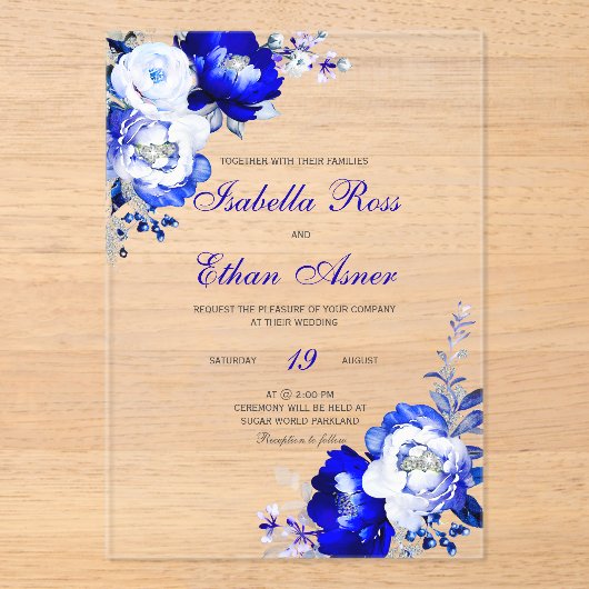 Royal blauw en zilver acryl bruiloft acryl uitnodigingen (Voorkant)