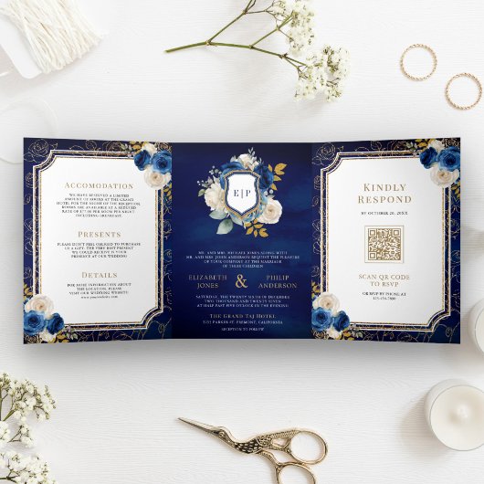 Royal Blauw Goud Bloemen Alles in Een Kreeft Huwel Drieluik Uitnodiging