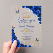 Royal Blauw Goud Bloemen Quinceanera Acryl Uitnodigingen (Insitu (Draagbaar))