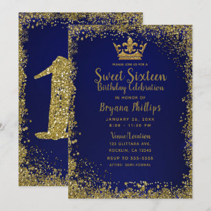 Royal Blauw & Goud Glitter Kroon Sweet 16 Party Kaart