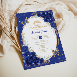 Royal Blauw Goud Quinceañera Bloemenvlinder Tiara Kaart