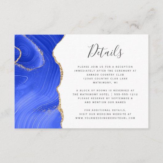 Royal Blauw Goud Waterverf Agaat Bruiloft Details Informatiekaartje (Voorkant)
