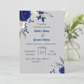 Royal blauw wit bloemen bladeren grijs bruiloft kaart (Staand voorkant)