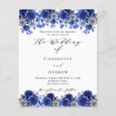 Royal blauw wit bloemetjes budget bruiloft uitnodi (Voorkant)