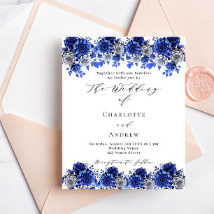 Royal blauw wit bloemetjes budget bruiloft uitnodi flyer