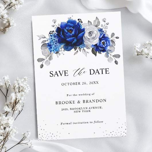 Royal Blauw Wit Metallic Zilver Bloemen Save The Date
