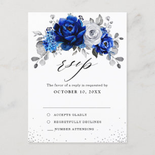 Royal Blauw Wit Zilver Bloemen Bruiloft RSVP Briefkaart