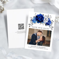 Royal Blauw Wit Zilver QR Code Bloemen Huwelijk