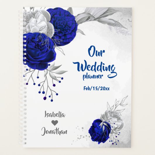 Royal Blauw Zilveren Bloemen bruiloft Planner (Voorkant)