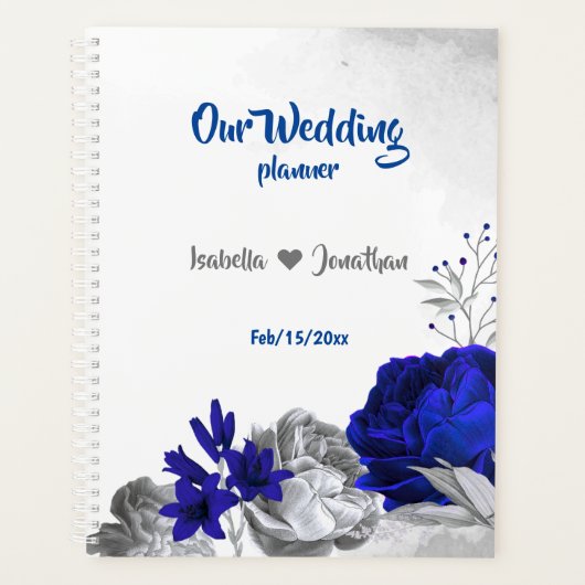Royal Blauw Zilveren Bloemen bruiloft Planner (Voorkant)
