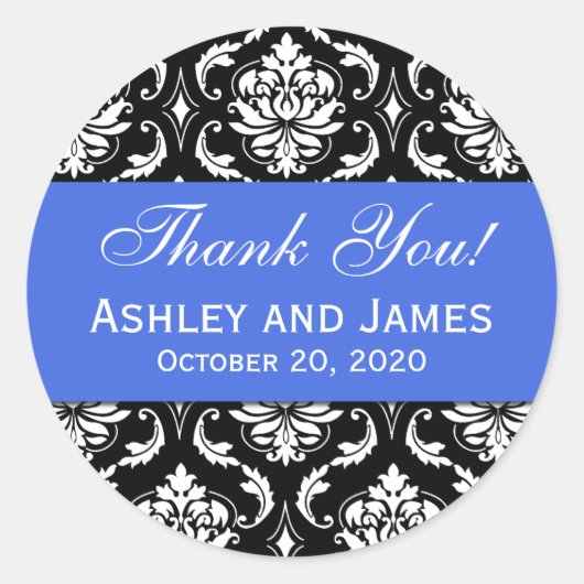 Royal Blauw Zwart Bruiloft Damask Dank u Label (Voorkant)