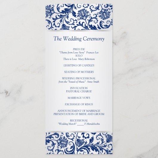 Royal blauwe bloemen wervelingen op zilver Wedding Programma (Achterkant)