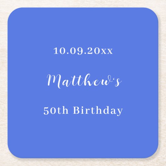 Royal blauwe naam script verjaardag vierkante kartonnen onderzetter (Voorkant)
