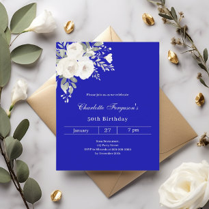 Royal blauwe witte bloemen verjaardagsuitnodiging