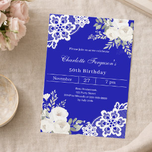 Royal blauwe witte rozen kant verjaardag kaart