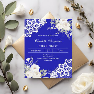 Royal blauwe witte rozen kant verjaardagsuitnodigi