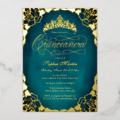 Royal Blauwgroen Gold Elegant Script Quinceanera Folie Uitnodiging (Voorkant)