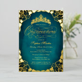 Royal Blauwgroen Gold Elegant Script Quinceanera Folie Uitnodiging (Staand Voorkant)