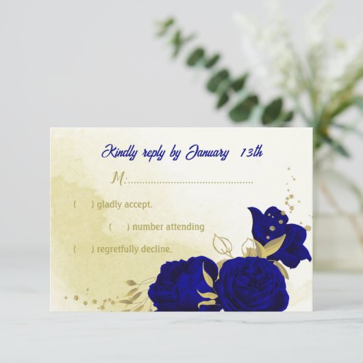 Royal bleu fleurs or botanique mariage RSVP voitur (Debout devant)