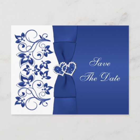 Royal Bleu, Floral Blanc Enregistrer La Date Carte (Devant)