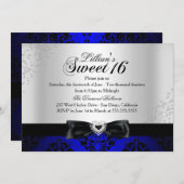 Royal Bleu Noir Damas Sparkle Sweet 16 Invitation (Devant / Derrière)