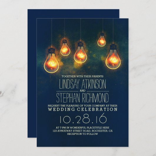 royal bleu rustique lumières mariage invitations (Devant / Derrière)