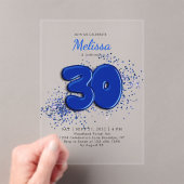 Royal Blue 30th Balloons Confetti Acryl Uitnodigingen (Insitu (Draagbaar))