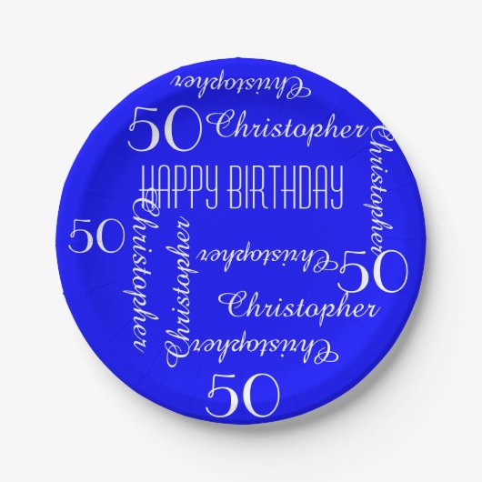 Royal Blue 50th Birthday Party Repating Names Papieren Bordje (Voorkant)