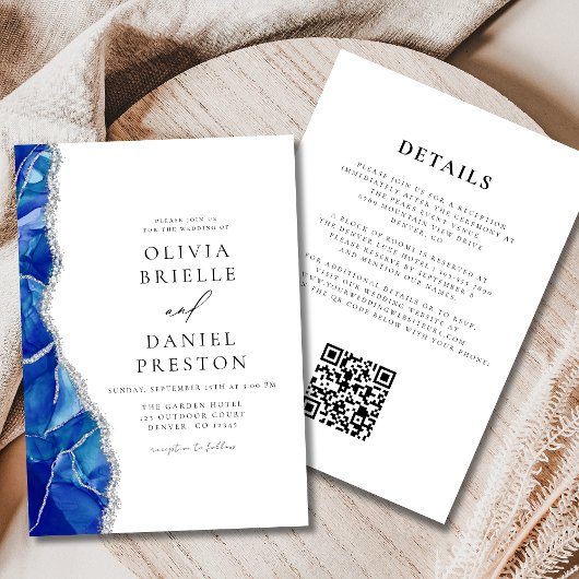 Royal Blue Agate Silver Wedding QR-code Kaart