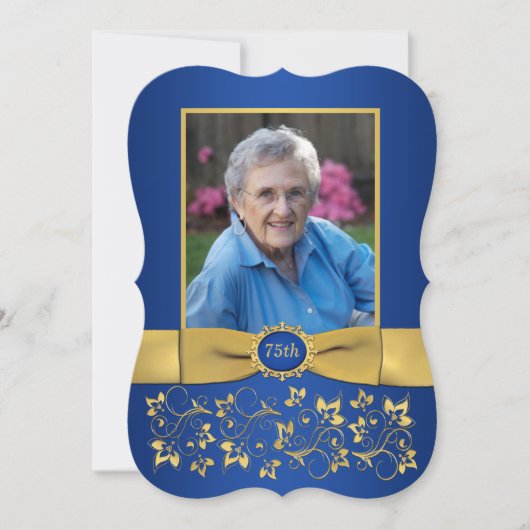 Royal Blue and Gold 75th Photo Birthday Invitation (Devant)