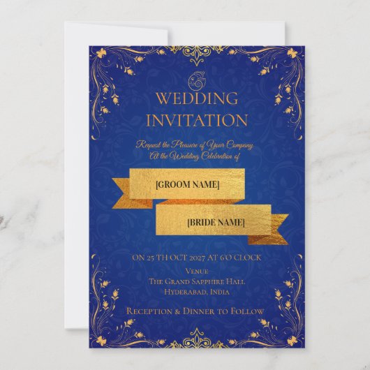 Royal Blue and Gold Corner Wedding Invitation | (Devant)