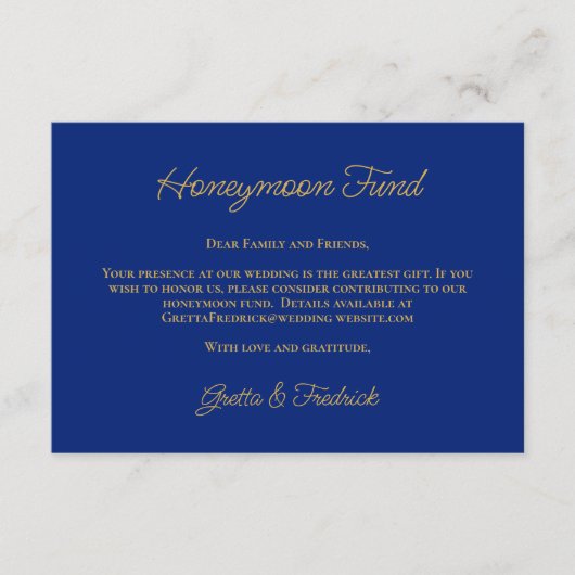 Royal Blue and Gold Honeymoon Fund Request Informatiekaartje (Voorkant)