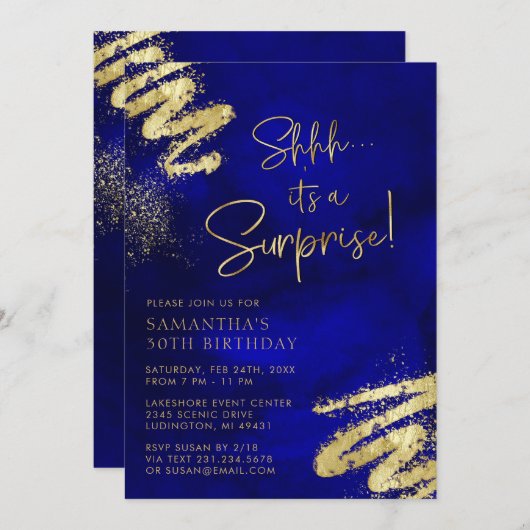 Royal Blue and Gold Surprise Invitation d'annivers (Devant / Derrière)
