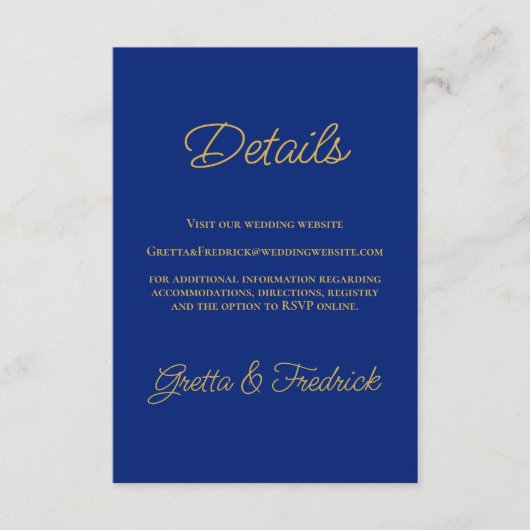 Royal Blue and Gold Wedding Details Informatiekaartje (Voorkant)
