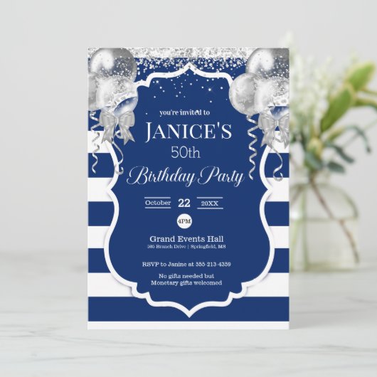 Royal Blue and Silver Balloons Invitation d'annive (Debout devant)