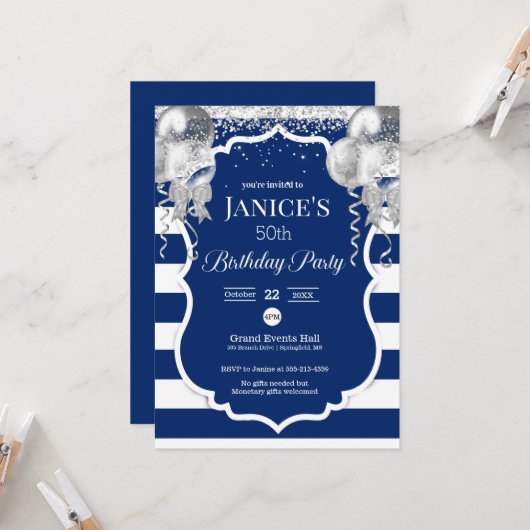 Royal Blue and Silver Balloons Invitation d'annive (Devant/Arrière en situation)