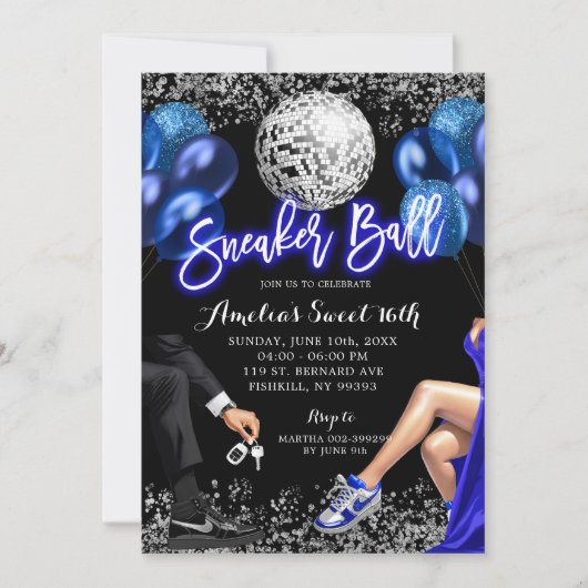 Royal Blue and Silver Disco Sneaker Ball Birthday Kaart (Voorkant)