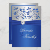 Royal Blue and Silver Heart Faire-part de mariage (Devant / Derrière)