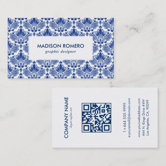 Royal Blue and White Damasks Patroon QR-code Visitekaartje (Voorkant / Achterkant)