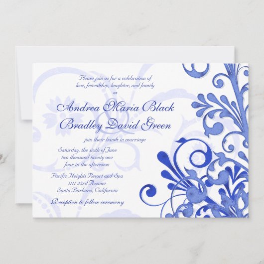 Royal Blue and White Floral Faire-part de mariage (Devant)