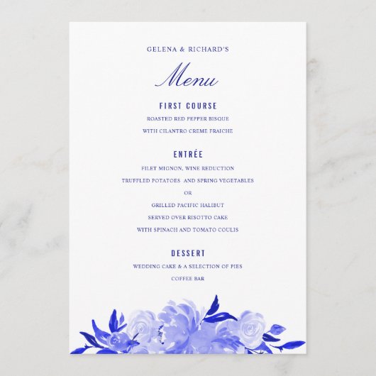Royal Blue and White Waterverf Bloemen Menu (Voorkant)