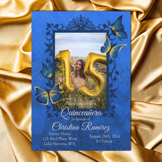 Royal Blue, Beurre d'or Quinceanera Invitation